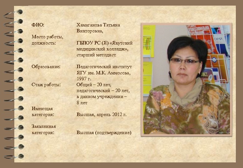 ФИО: Место работы, должность: Образование: Стаж работы: Хамаганова Татьяна Викторовна, ГБПОУ РС (Я) «Якутский