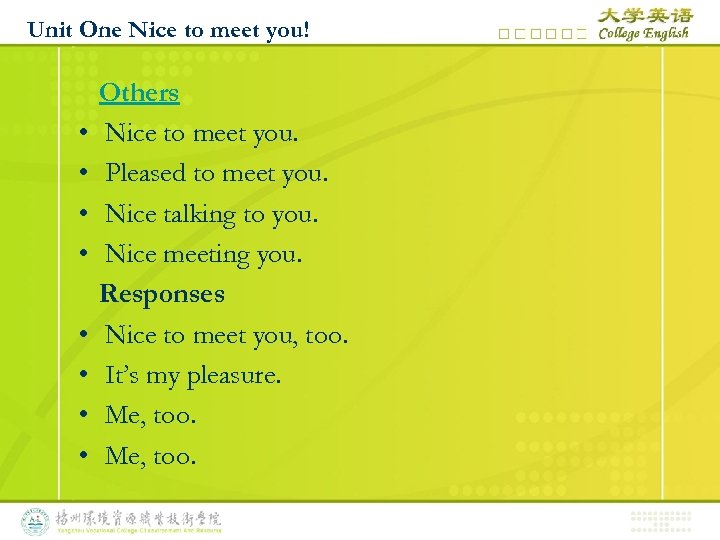 Unit One Nice To Meet You The First