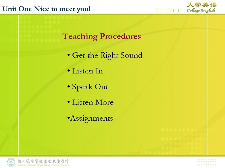 Unit One Nice to meet you! Teaching Procedures • Get the Right Sound •