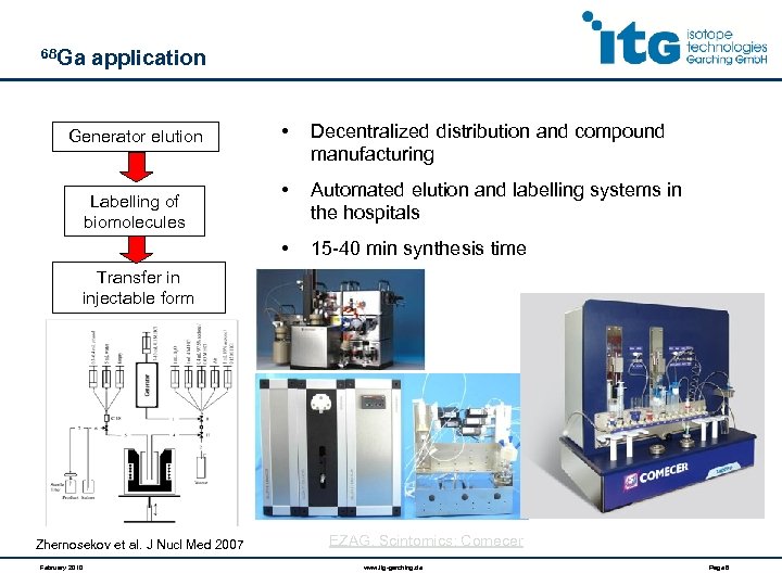 68 Ga application Labelling of biomolecules • Decentralized distribution and compound manufacturing • Automated