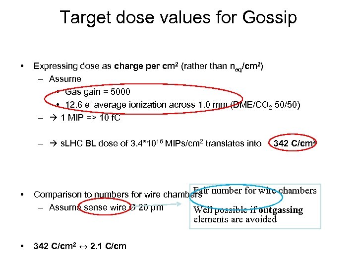 Target dose values for Gossip • Expressing dose as charge per cm 2 (rather