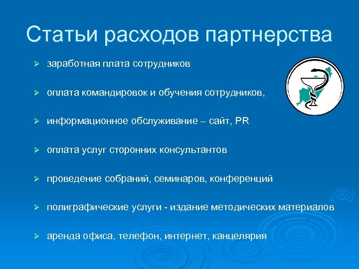 Статьи расходов партнерства Ø заработная плата сотрудников Ø оплата командировок и обучения сотрудников, Ø