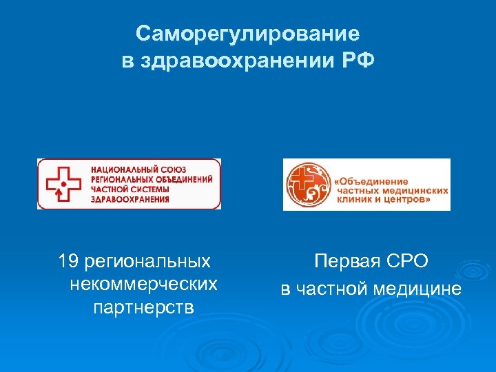 Саморегулирование в здравоохранении РФ 19 региональных некоммерческих партнерств Первая СРО в частной медицине 