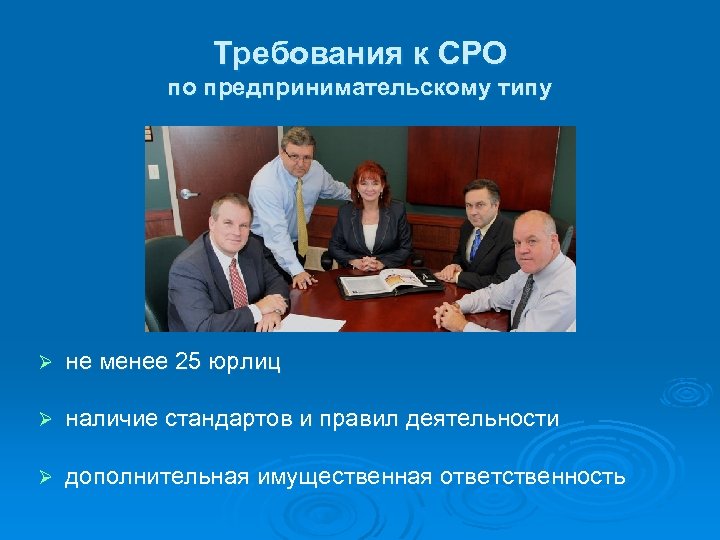 Требования к СРО по предпринимательскому типу Ø не менее 25 юрлиц Ø наличие стандартов