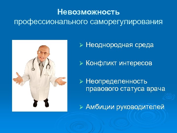 Невозможность профессионального саморегулирования Ø Неоднородная среда Ø Конфликт интересов Ø Неопределенность правового статуса врача