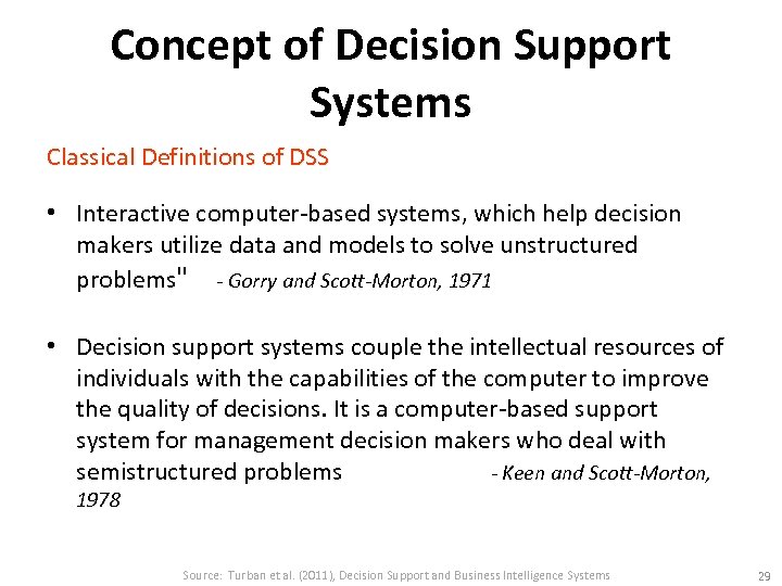 Concept of Decision Support Systems Classical Definitions of DSS • Interactive computer-based systems, which