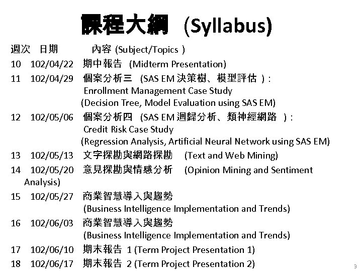 課程大綱 (Syllabus) 週次 日期 內容（ Subject/Topics） 10 102/04/22 期中報告 (Midterm Presentation) 11 102/04/29 個案分析三