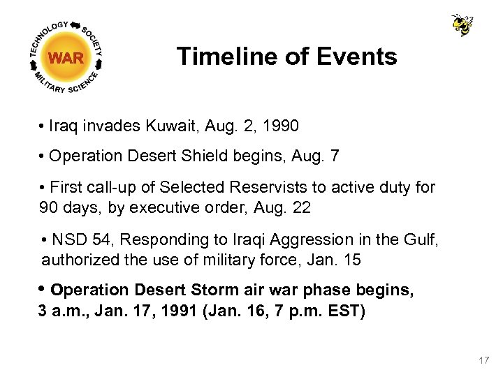 Timeline of Events • Iraq invades Kuwait, Aug. 2, 1990 • Operation Desert Shield