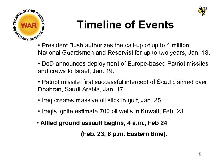 Timeline of Events • President Bush authorizes the call-up of up to 1 million