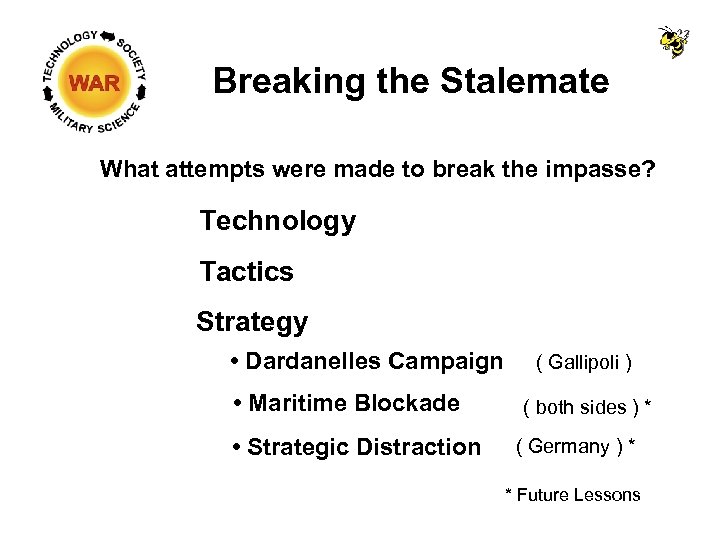 Breaking the Stalemate What attempts were made to break the impasse? Technology Tactics Strategy