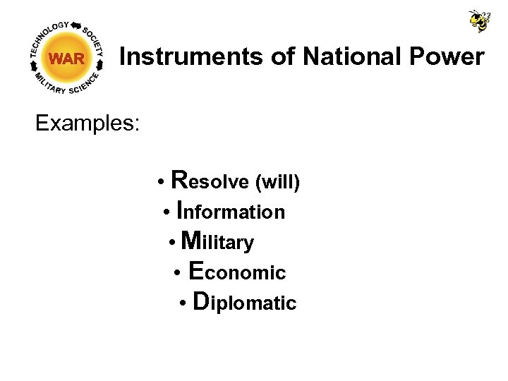 Instruments of National Power Examples: • Resolve (will) • Information • Military Economic •