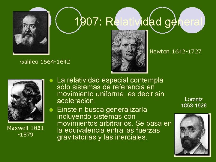 1907: Relatividad general Newton 1642 -1727 Galileo 1564 -1642 La relatividad especial contempla sólo