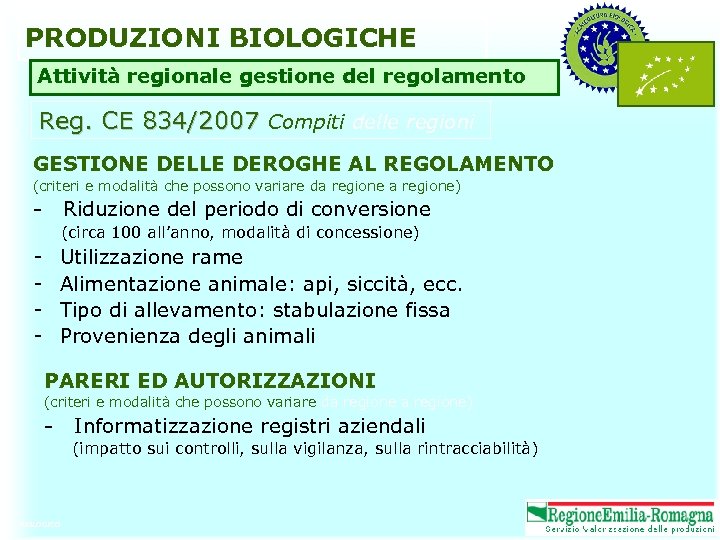 PRODUZIONI BIOLOGICHE Attività regionale gestione del regolamento Reg. CE 834/2007 Compiti delle regioni GESTIONE