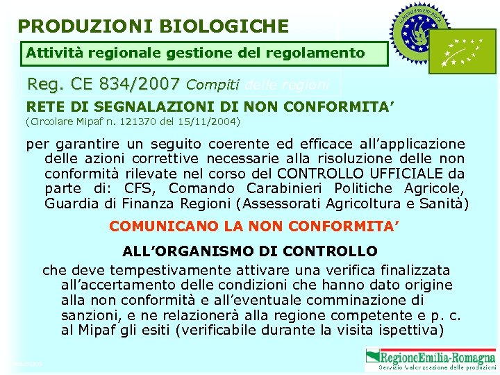 PRODUZIONI BIOLOGICHE Attività regionale gestione del regolamento Reg. CE 834/2007 Compiti delle regioni RETE