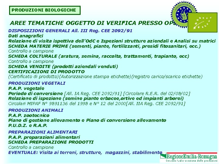 PRODUZIONI BIOLOGICHE AREE TEMATICHE OGGETTO DI VERIFICA PRESSO OPERATORE DISPOSIZIONI GENERALI All. III Reg.