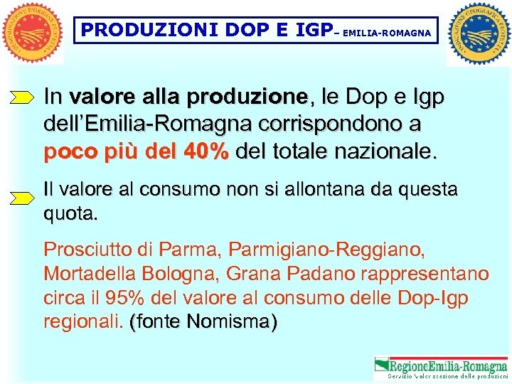 PRODUZIONI DOP E IGP– EMILIA-ROMAGNA In valore alla produzione, le Dop e Igp dell’Emilia-Romagna