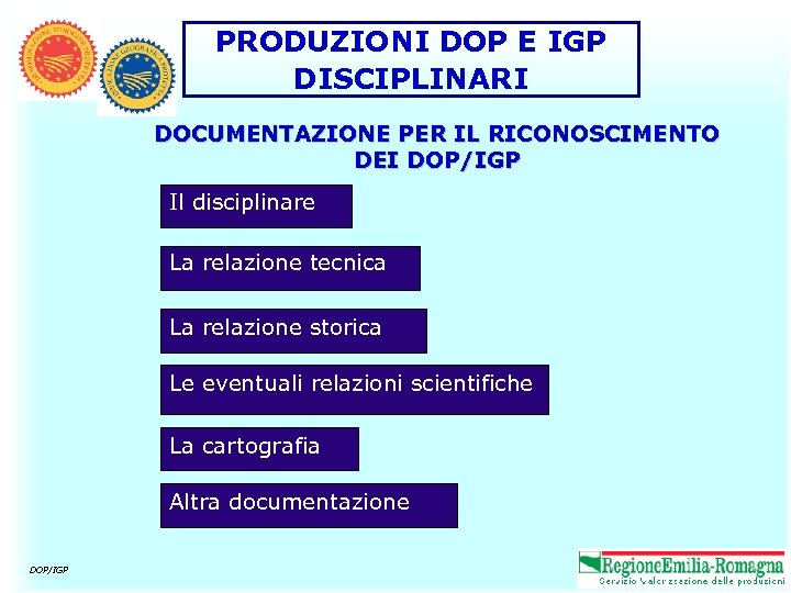 PRODUZIONI DOP E IGP DISCIPLINARI DOCUMENTAZIONE PER IL RICONOSCIMENTO DEI DOP/IGP Il disciplinare La