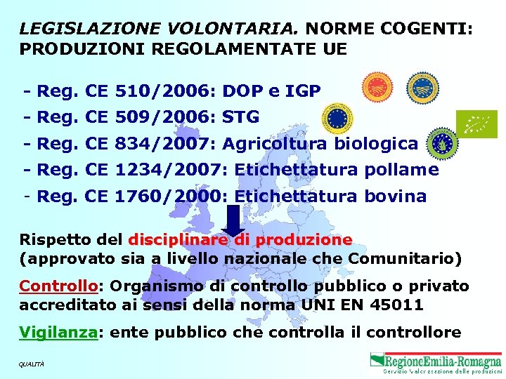 LEGISLAZIONE VOLONTARIA. NORME COGENTI: PRODUZIONI REGOLAMENTATE UE - Reg. CE 510/2006: DOP e IGP