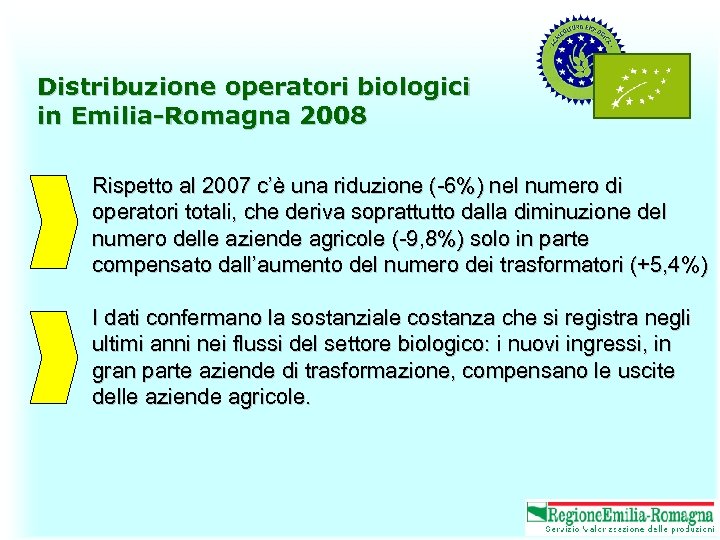 Distribuzione operatori biologici in Emilia-Romagna 2008 Rispetto al 2007 c’è una riduzione (-6%) nel