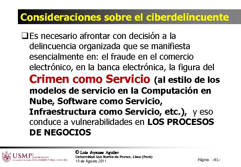 Consideraciones sobre el ciberdelincuente q Es necesario afrontar con decisión a la delincuencia organizada