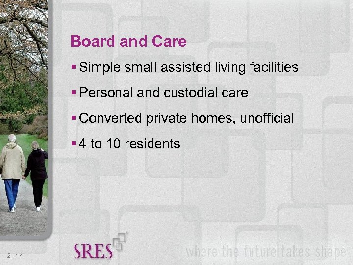 Board and Care § Simple small assisted living facilities § Personal and custodial care