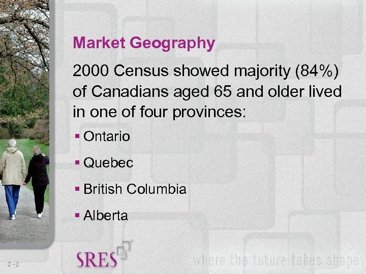 Market Geography 2000 Census showed majority (84%) of Canadians aged 65 and older lived