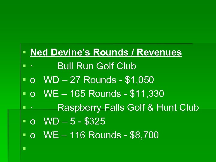 § § § § Ned Devine’s Rounds / Revenues · Bull Run Golf Club