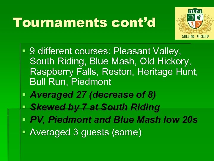 Tournaments cont’d § 9 different courses: Pleasant Valley, South Riding, Blue Mash, Old Hickory,
