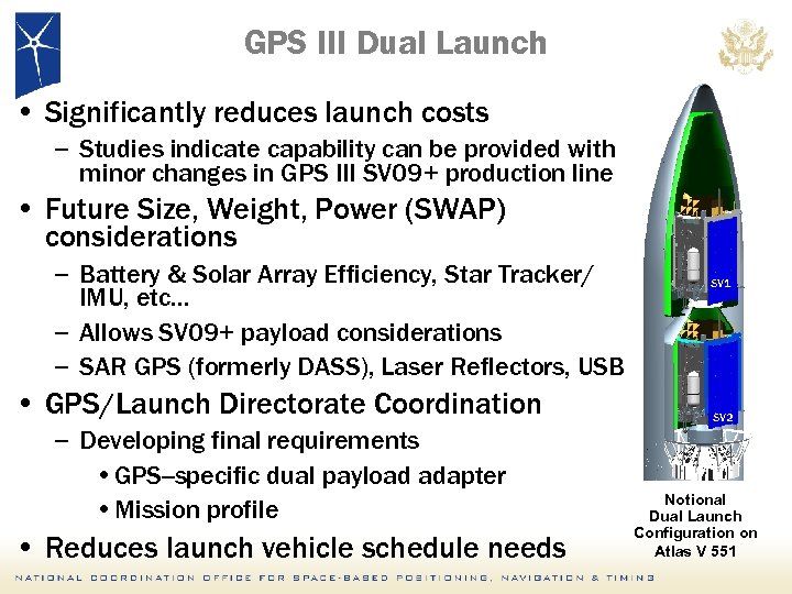 GPS III Dual Launch • Significantly reduces launch costs – Studies indicate capability can