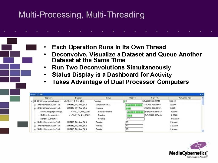 Multi-Processing, Multi-Threading • Each Operation Runs in its Own Thread • Deconvolve, Visualize a