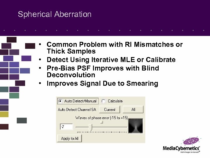 Spherical Aberration • Common Problem with RI Mismatches or Thick Samples • Detect Using