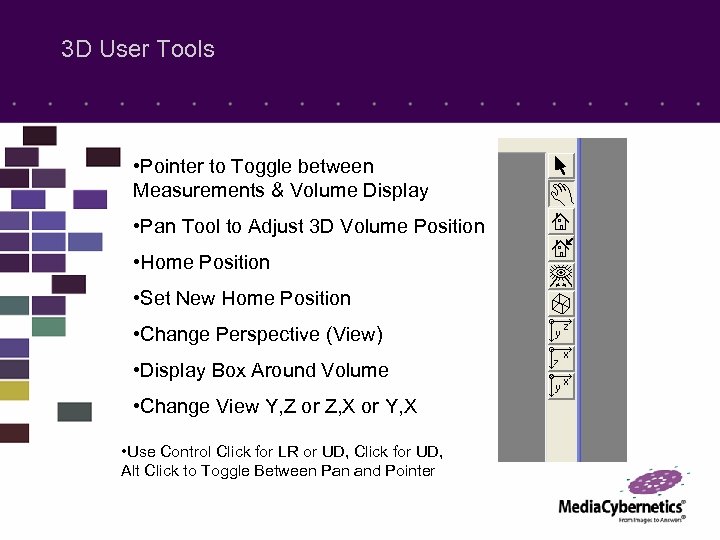 3 D User Tools • Pointer to Toggle between Measurements & Volume Display •