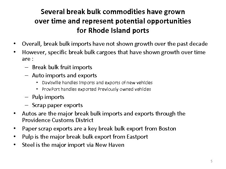 Several break bulk commodities have grown over time and represent potential opportunities for Rhode