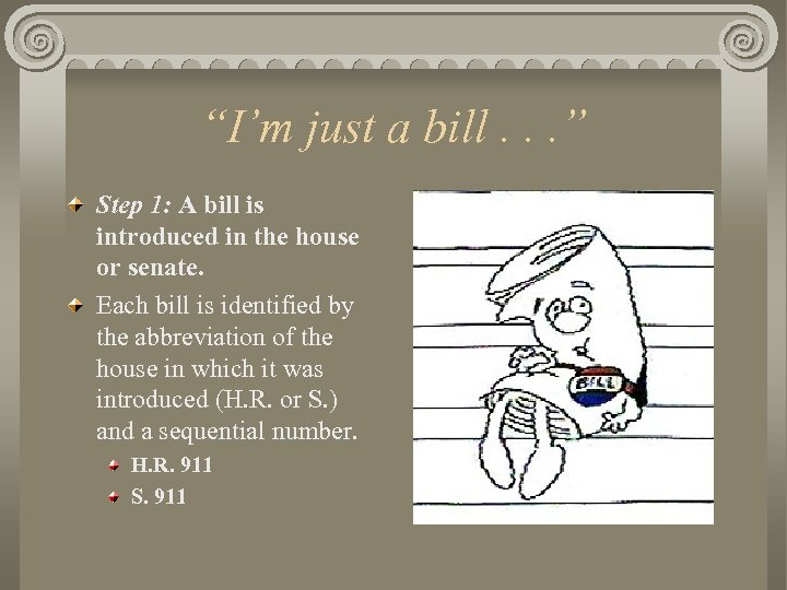 “I’m just a bill. . . ” Step 1: A bill is introduced in