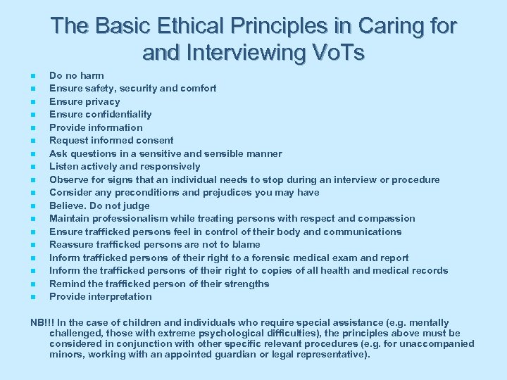 The Basic Ethical Principles in Caring for and Interviewing Vo. Ts n n n