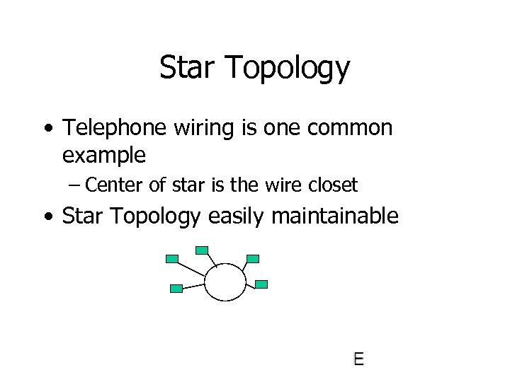 Star Topology • Telephone wiring is one common example – Center of star is