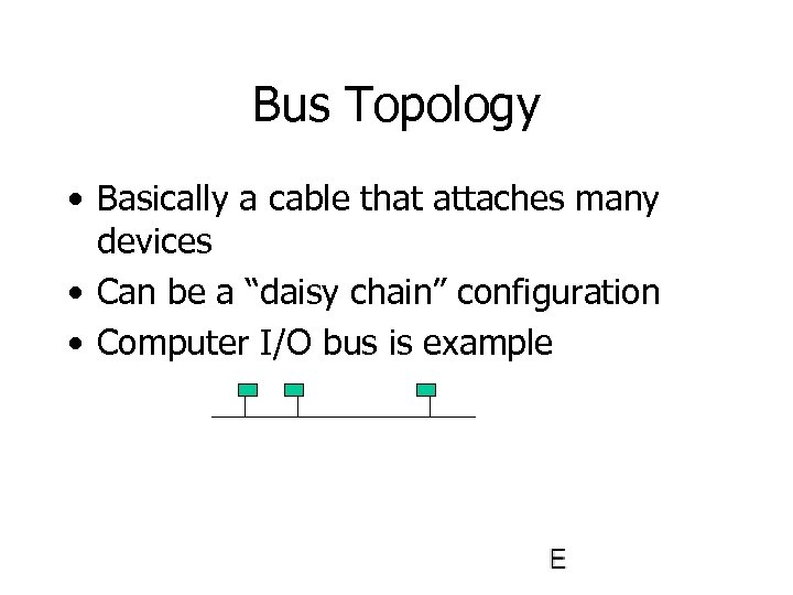 Bus Topology • Basically a cable that attaches many devices • Can be a