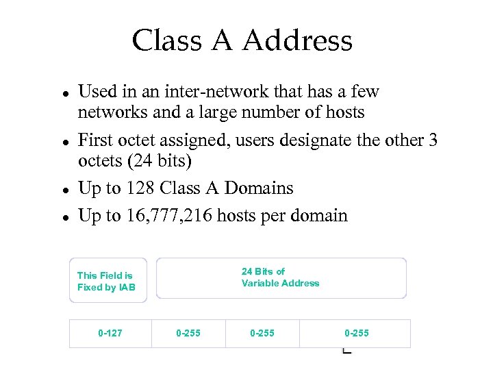 Class A Address l l Used in an inter-network that has a few networks