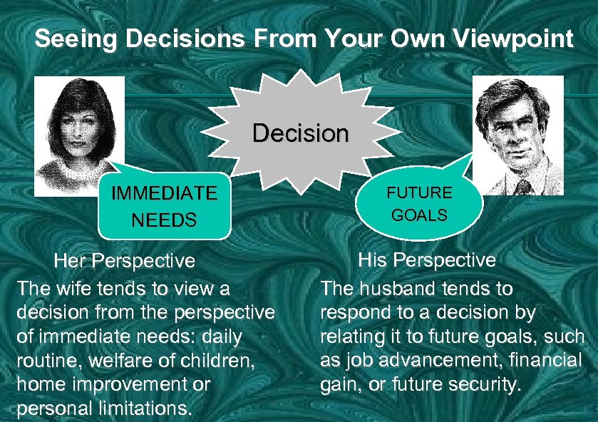 Seeing Decisions From Your Own Viewpoint Decision IMMEDIATE NEEDS Her Perspective The wife tends