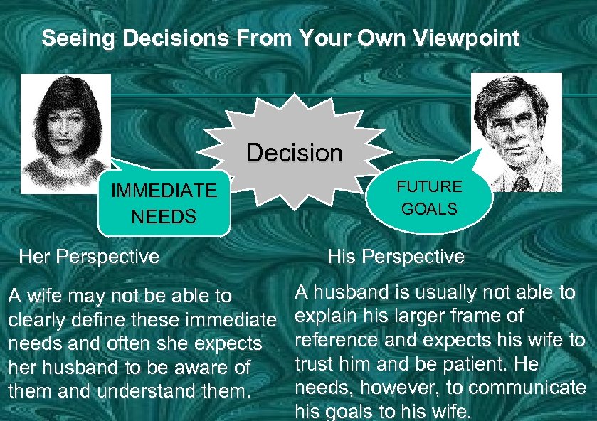 Seeing Decisions From Your Own Viewpoint Decision IMMEDIATE NEEDS Her Perspective A wife may