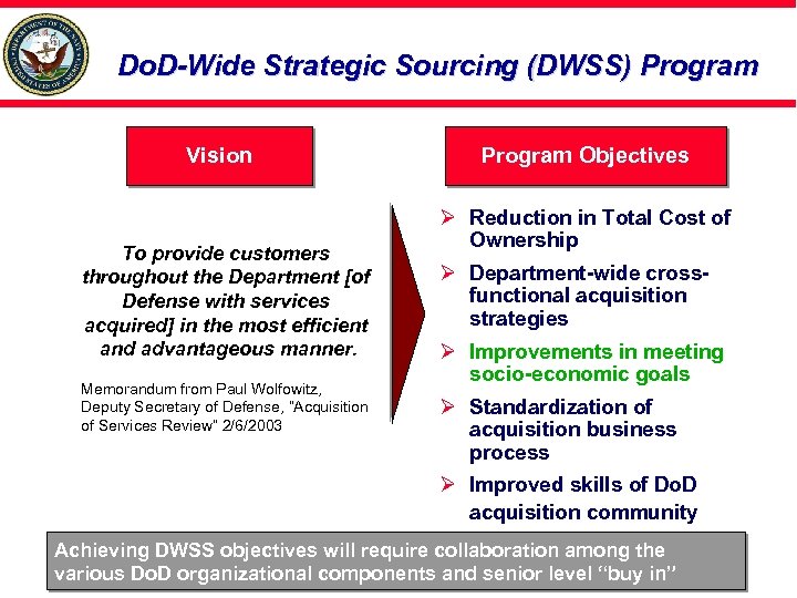 Do. D-Wide Strategic Sourcing (DWSS) Program Vision To provide customers throughout the Department [of