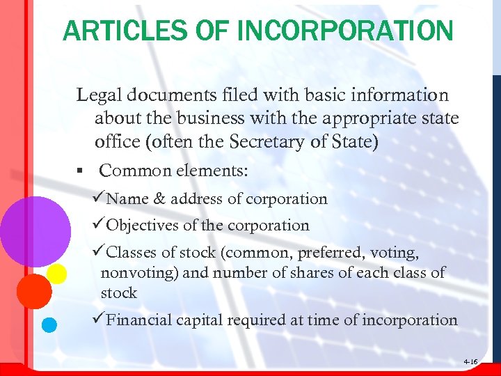 ARTICLES OF INCORPORATION Legal documents filed with basic information about the business with the