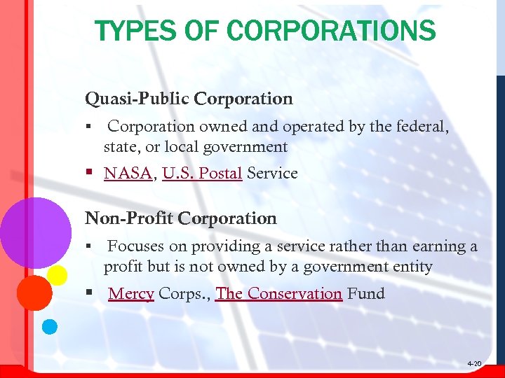 TYPES OF CORPORATIONS Quasi-Public Corporation § Corporation owned and operated by the federal, state,