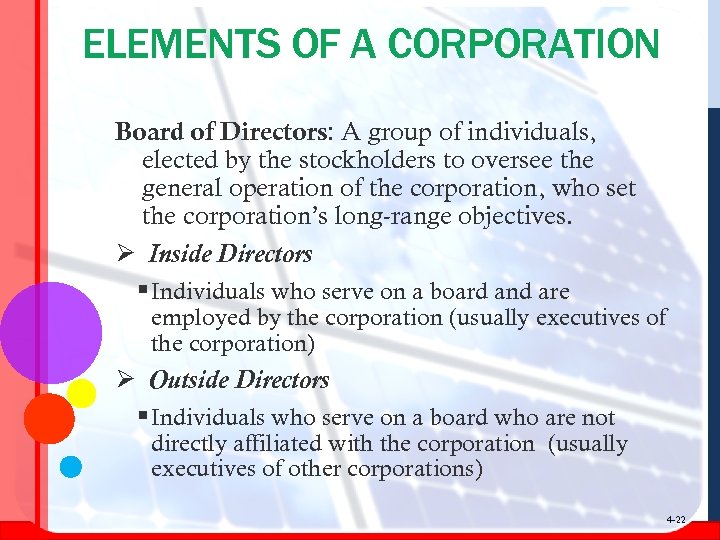 ELEMENTS OF A CORPORATION Board of Directors: A group of individuals, elected by the