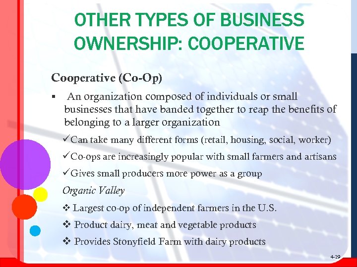 OTHER TYPES OF BUSINESS OWNERSHIP: COOPERATIVE Cooperative (Co-Op) § An organization composed of individuals