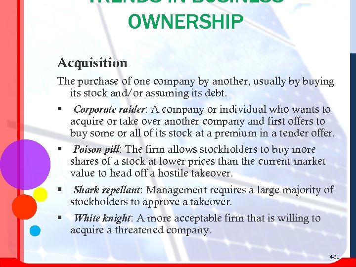TRENDS IN BUSINESS OWNERSHIP Acquisition The purchase of one company by another, usually by