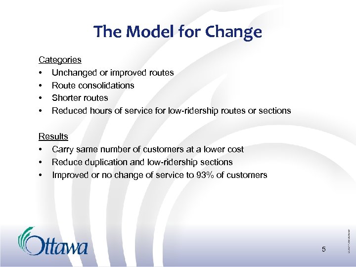 The Model for Change Categories • Unchanged or improved routes • Route consolidations •