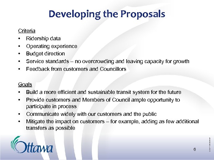 Developing the Proposals Criteria • Ridership data • Operating experience • Budget direction •