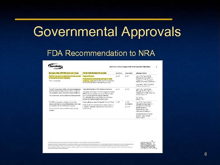 Governmental Approvals FDA Recommendation to NRA 8 