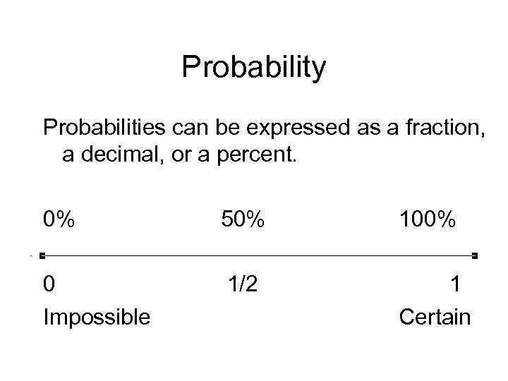 Probability Probabilities can be expressed as a fraction, a decimal, or a percent. 0%